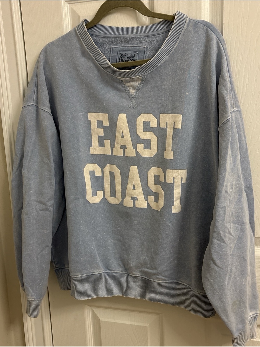 American Eagle Outfitters Light Blue Crewneck with White EAST COAST Logo